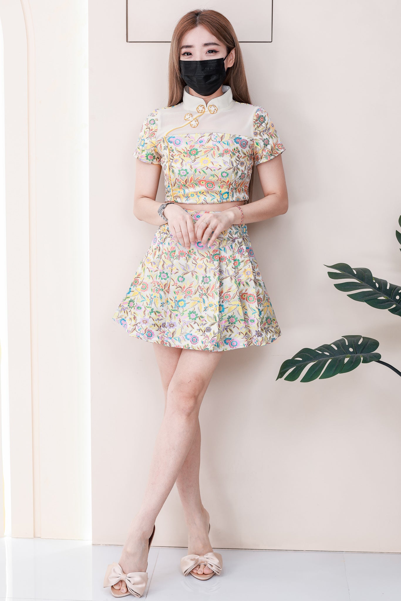 【SS8235991】【LFW独家小圆饼】高品质两件式新中式高端国风提花旗袍套装 提花拼接透气网纱旗袍短袖上衣➕提花高腰百褶裙子，内层有里布短裤 ❤️❤️