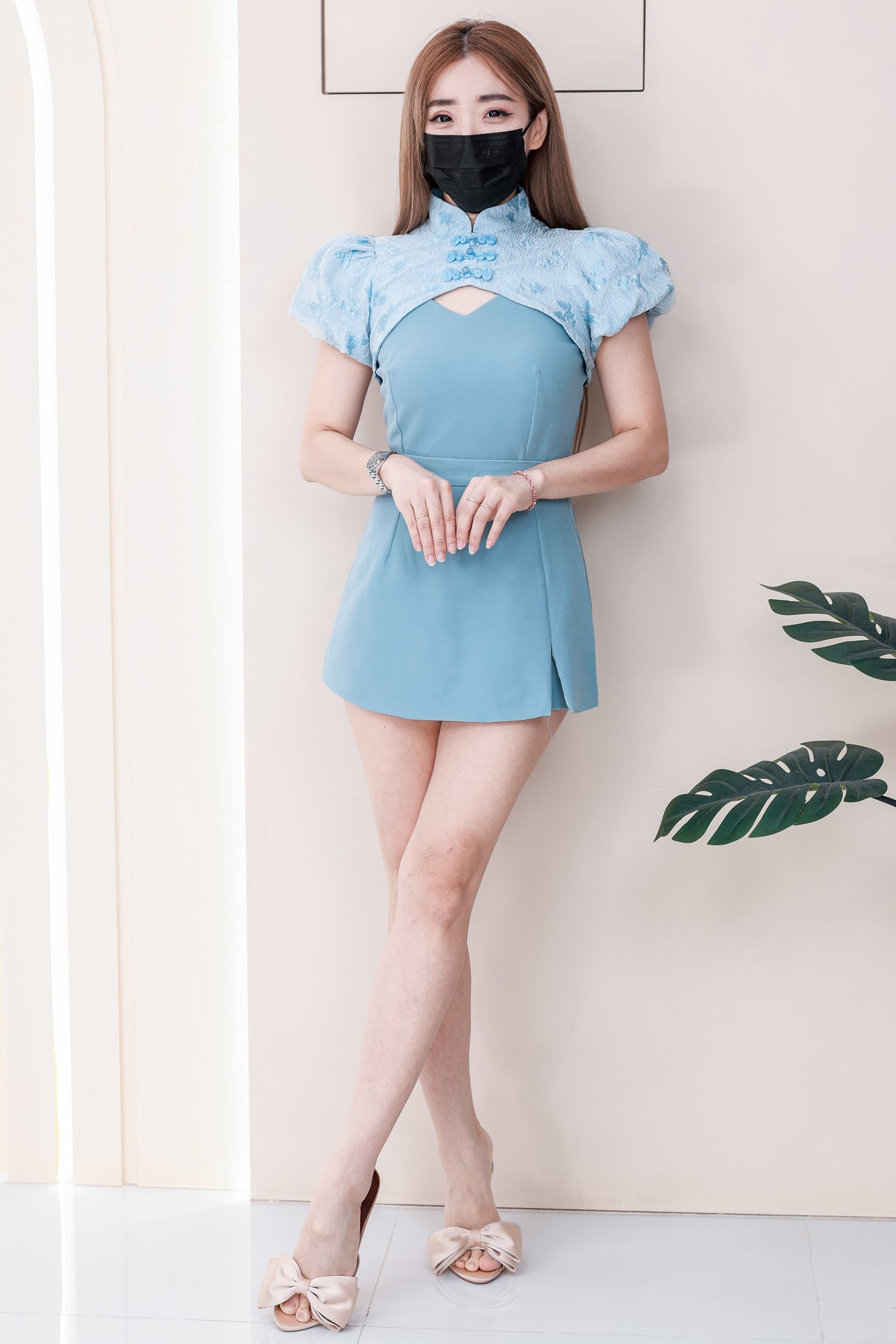 【SS19317】【LFW独家小圆饼】高品质三件套旗袍套装  , 自调肩带内搭➕泡泡袖外塔旗袍 ➕ 西装高腰百搭裤裙 ❤️