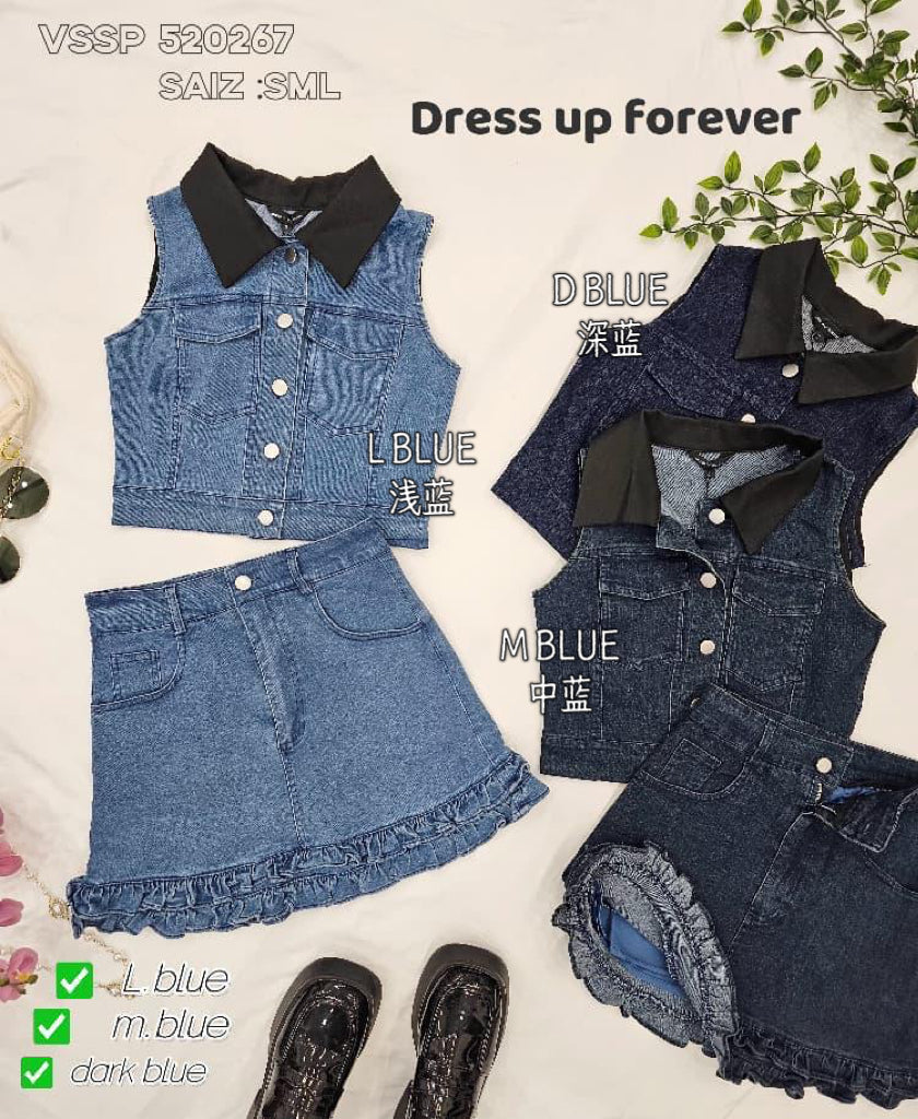 【SS520267】高品质质两件式COTTON JEANS牛仔时尚套装 翻领无袖牛仔上衣➕木耳下摆设计牛仔高腰裙子，内层有里布短裤 ❤️❤️