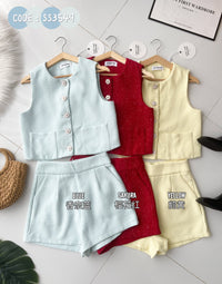 【SS3549】【LFW独家小圆饼】高品质两件式高级感气质小香风时尚套装 小香风无袖上衣➕小香风高腰百搭短裤，有口袋 ❤️❤️【F-R1-C5】