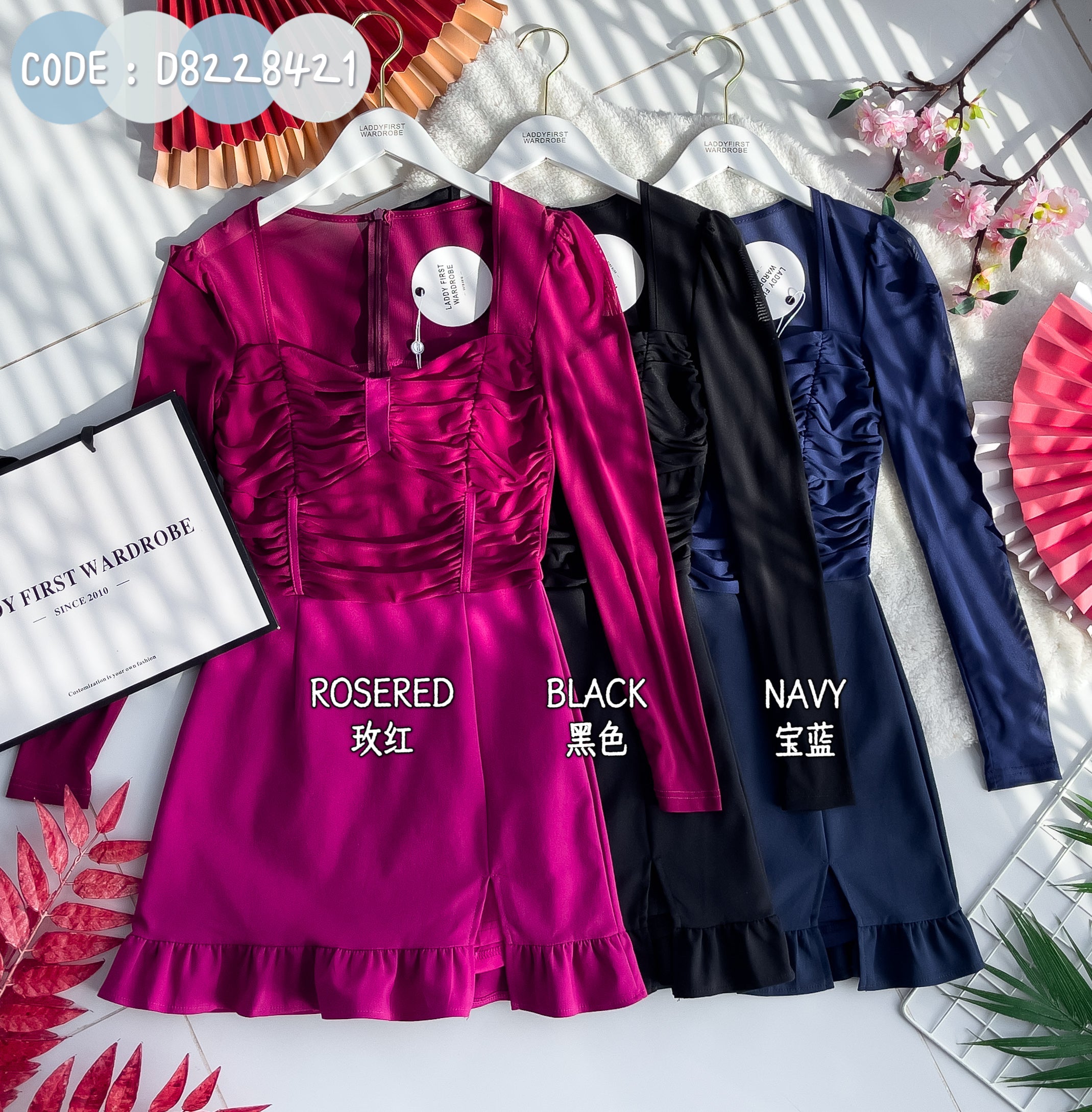 【D8228421】【LFW独家小圆饼】高品质透视网纱皱褶长袖上衣拼接荷叶摆西装连身裙子，内层里布短裤 ❤️❤️