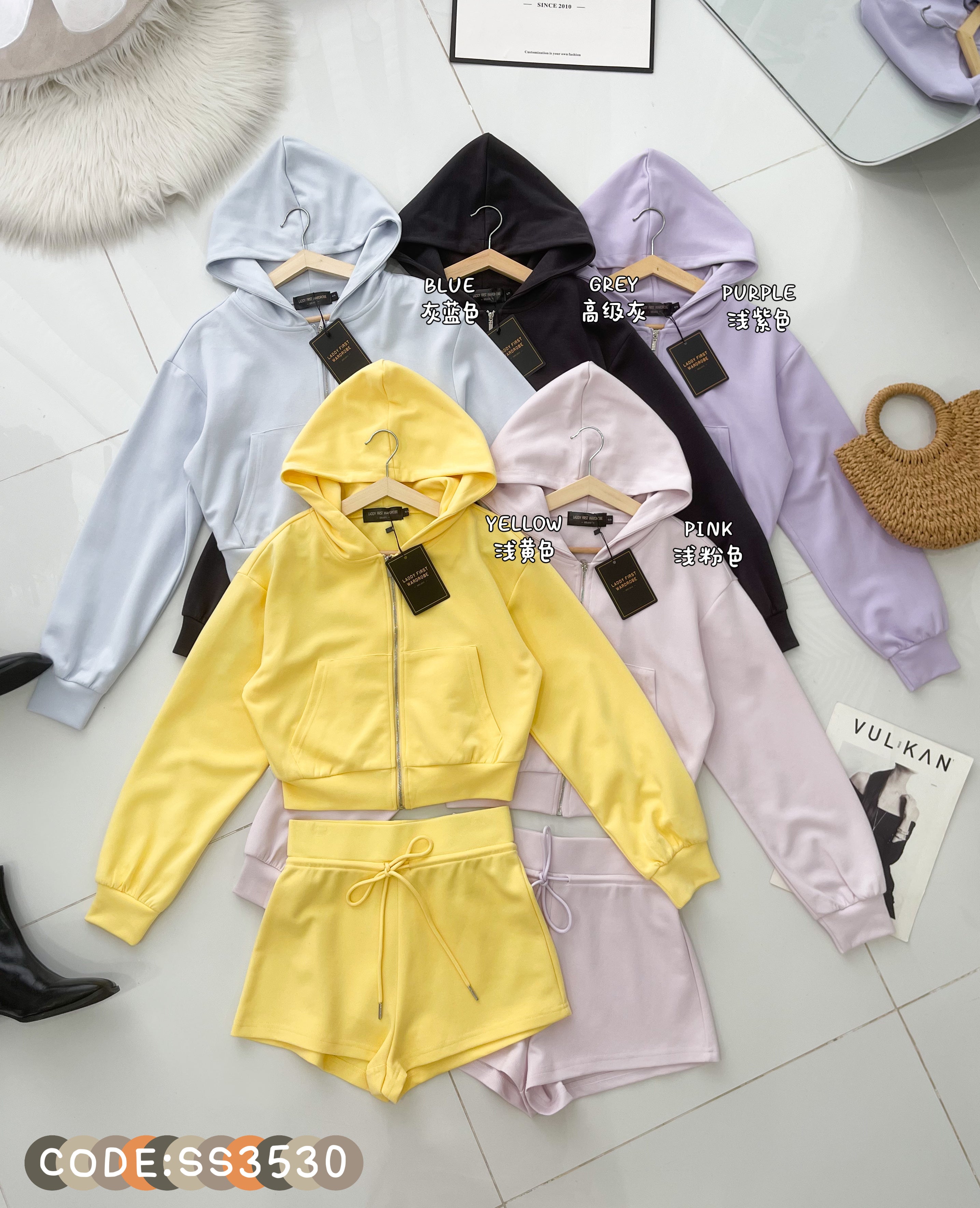【SS3530】独家爆款高品质纯棉连帽简约休闲运动装百搭套装 连帽长袖上衣➕松紧腰弹力百搭短裤 ❤️❤️
