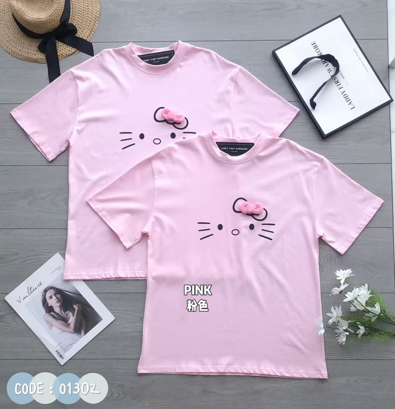 【O1302】高品质圆领短袖纯棉凯蒂猫印花Oversized 休闲上衣❤❤