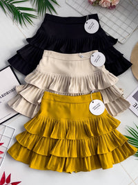 【S3416】【独家小圆饼】三层荷叶边百褶高腰西装蛋糕裙子，内层防走光里布短裤 ❤️❤️ 【A-R2-C4】