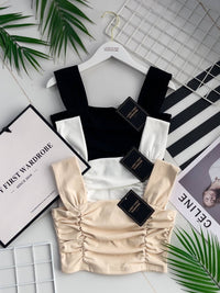 【T3420】方领吊带皱褶设计纯棉弹力时尚百搭上衣 ❤❤ 【A-R2-C4】