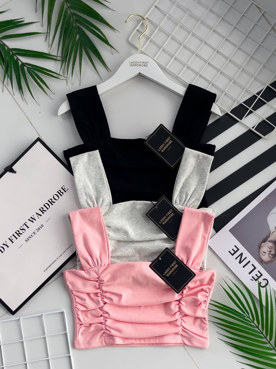 【T3420】方领吊带皱褶设计纯棉弹力时尚百搭上衣 ❤❤ 【A-R2-C4】