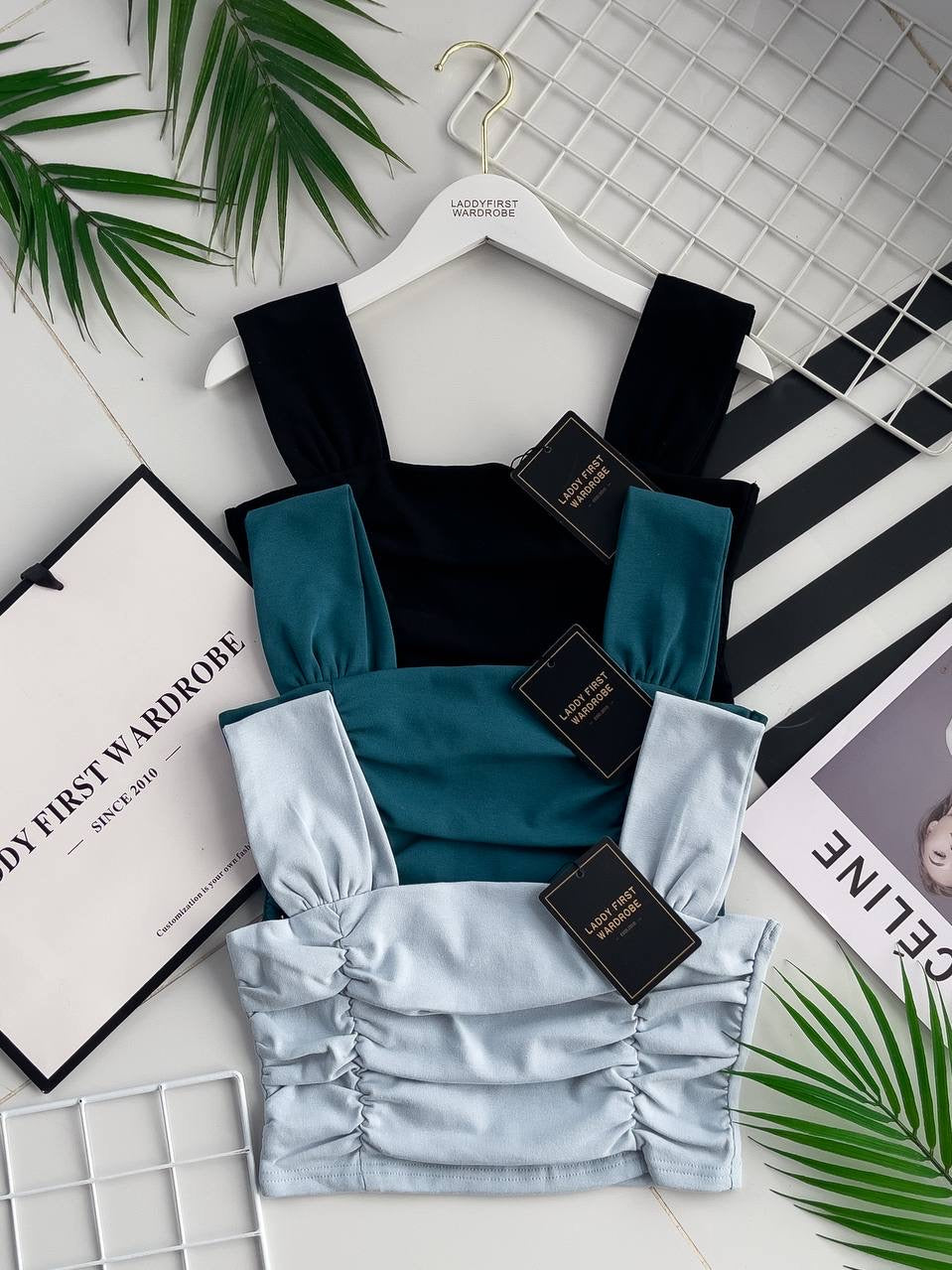 【T3420】方领吊带皱褶设计纯棉弹力时尚百搭上衣 ❤❤ 【A-R2-C4】