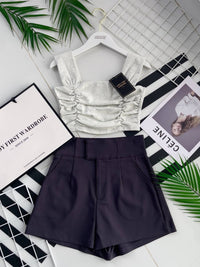 【T3420】方领吊带皱褶设计纯棉弹力时尚百搭上衣 ❤❤ 【A-R2-C4】