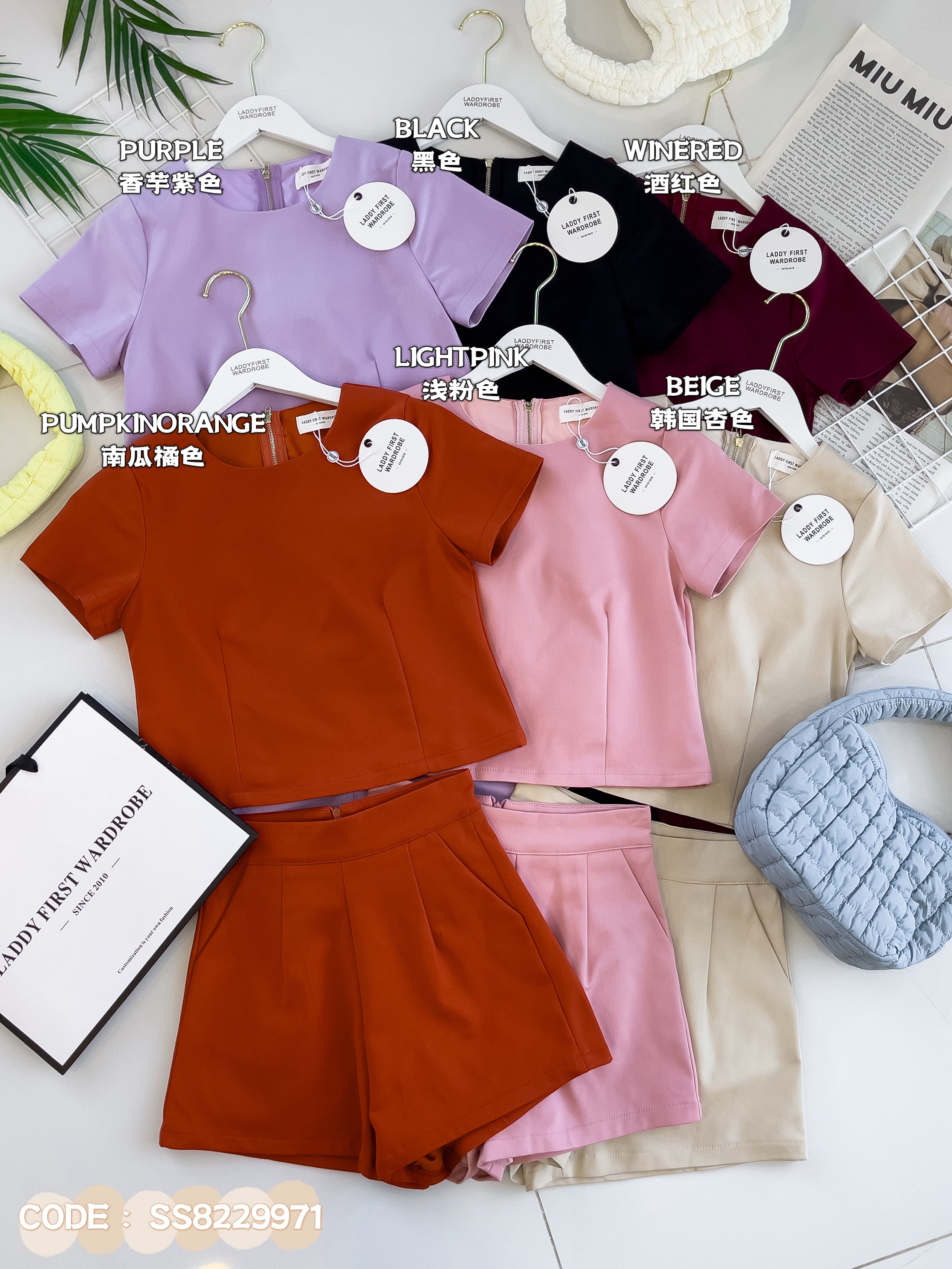 【SS8229971】【LFW独家小圆饼】高品质两件式西装时尚套装 圆领短袖百搭上衣➕西装高腰百搭短裤，有口袋 ❤️❤️