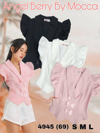 【T8238751】高品质V翻领荷叶袖甜美蝴蝶结设计时装上衣 ❤❤ 【B-R1-C6】