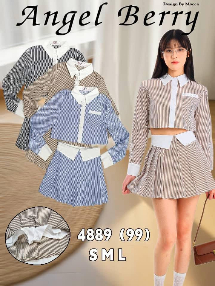 【SS25234】高品质两件式韩式减龄时尚线条套装 翻领长袖短版上衣➕百褶高腰百搭裙子，内层有里布短裤 ❤️❤️