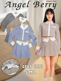 【SS25234】高品质两件式韩式减龄时尚线条套装 翻领长袖短版上衣➕百褶高腰百搭裙子，内层有里布短裤 ❤️❤️ 【C-R1-C4】