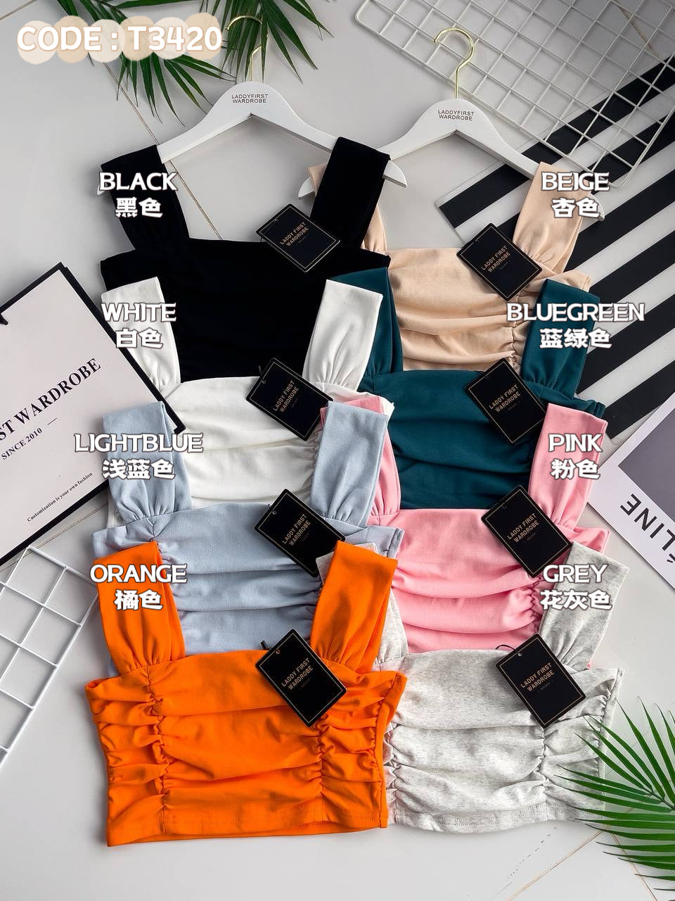 【T3420】方领吊带皱褶设计纯棉弹力时尚百搭上衣 ❤❤ 【A-R2-C4】