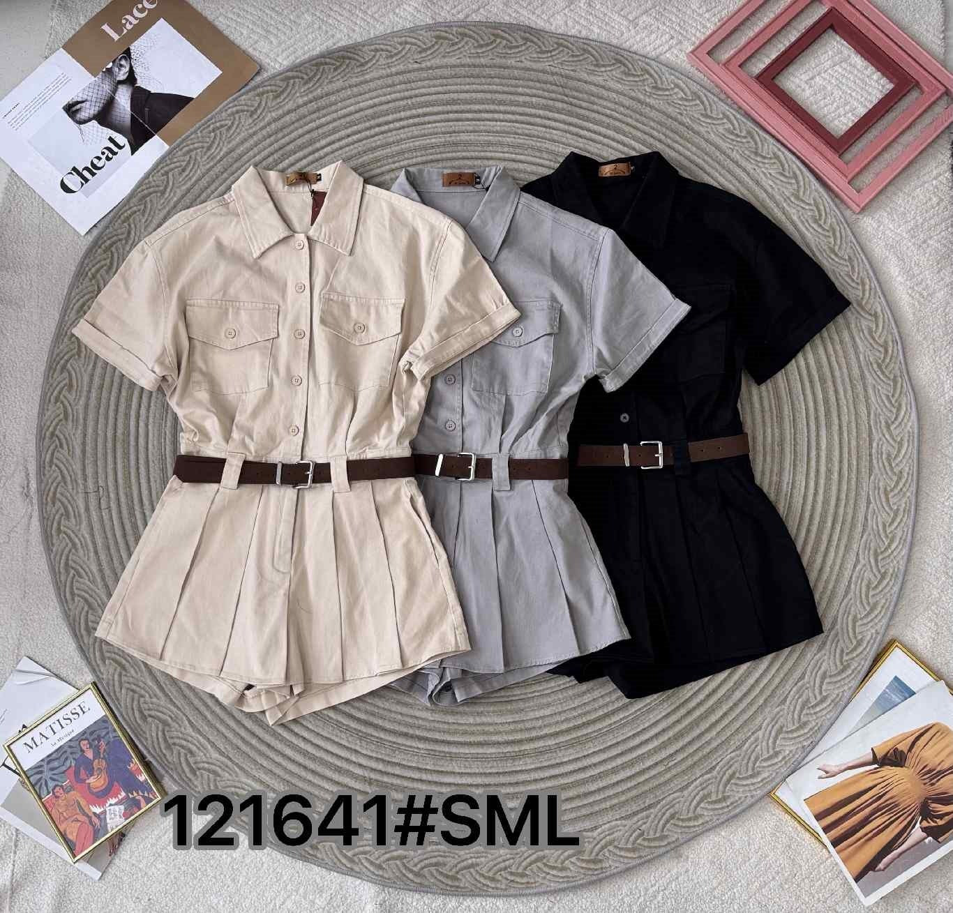 【D121641】高品质翻领短袖休闲慵懒风牛仔工装连身百褶裤裙，配搭皮革腰带，有口袋 ❤❤【B-R2-C5】