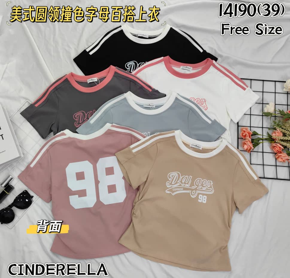 【T14190 / 9036】高品质撞色98号印图字母圆领短袖纯棉弹力百搭上衣 ❤❤