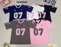 【T110906】高品质V领拼色07运动风纯棉弹力Oversized 日常休闲上衣 ❤❤ 【A-R3-C1】
