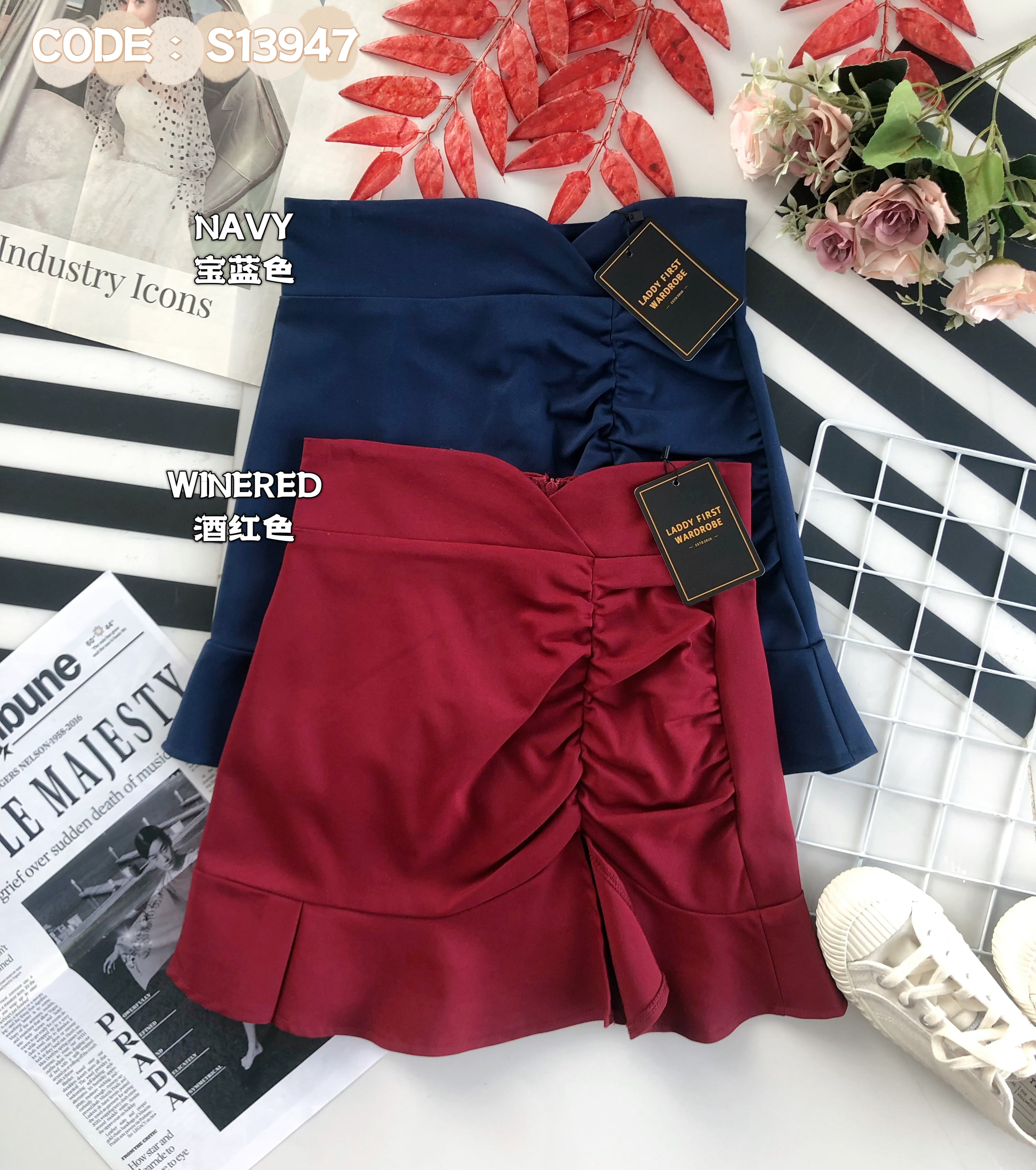 【S13947】【网站福利款✨】西装皱褶荷叶摆高腰百搭裙子 ❤️❤️