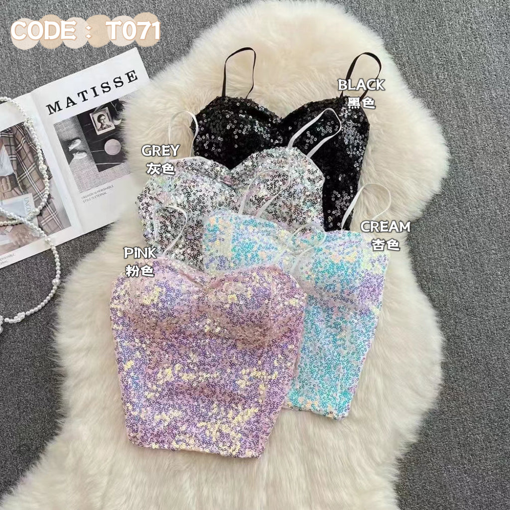 【T071】气质自调无袖肩带闪闪亮片时装上衣，后副伸缩弹力 ❤❤