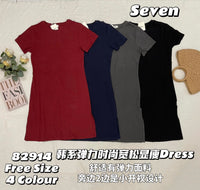 【D82914】高品质慵懒风宽松纯棉弹力圆领短袖休闲简约连身裙子，两侧开叉设计 ❤❤【A-R1-C6】