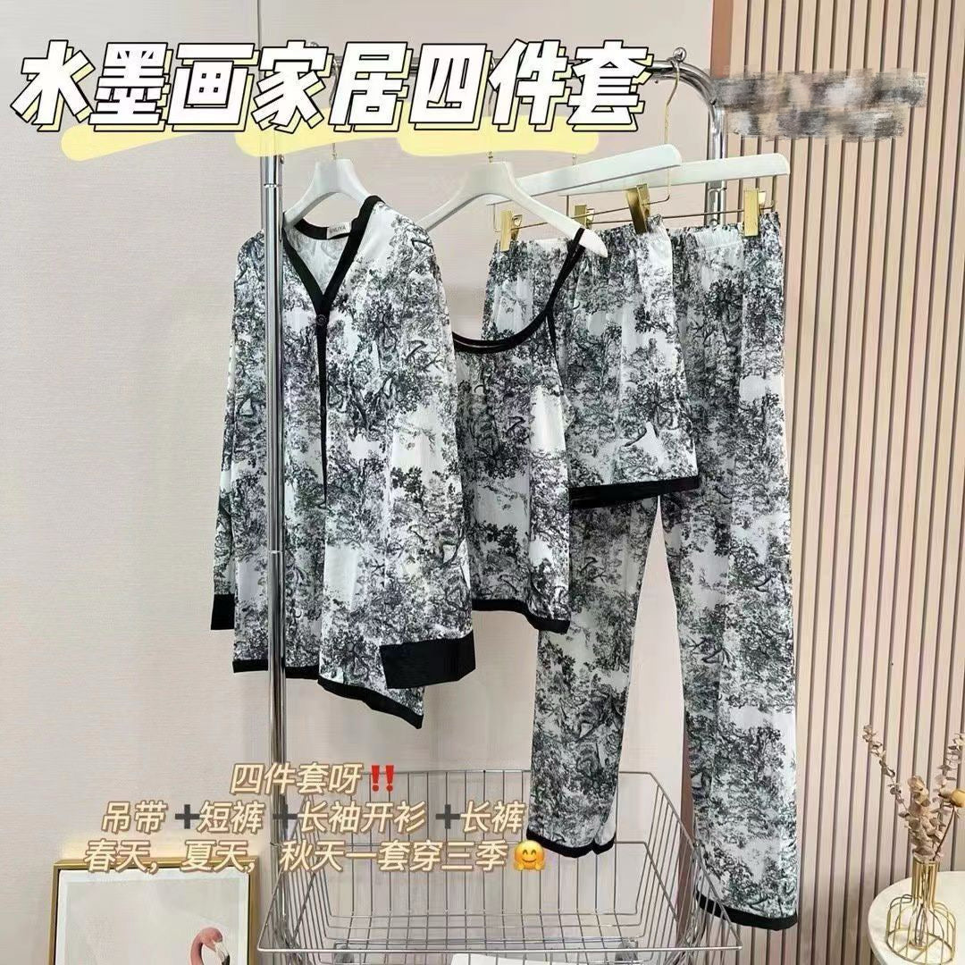 【SW2802】【礼盒装】国潮风水墨画四件套宽松冰丝居家服睡衣套装 ••肩带上衣➕短裤➕长袖上衣➕长裤•• ❤❤️