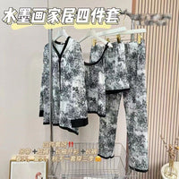 【SW2802】【礼盒装】国潮风水墨画四件套宽松冰丝居家服睡衣套装 ••肩带上衣➕短裤➕长袖上衣➕长裤•• ❤❤️
