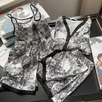 【SW2802】【礼盒装】国潮风水墨画四件套宽松冰丝居家服睡衣套装 ••肩带上衣➕短裤➕长袖上衣➕长裤•• ❤❤️