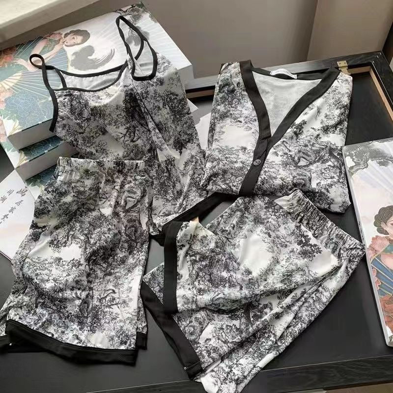 【SW2802】【礼盒装】国潮风水墨画四件套宽松冰丝居家服睡衣套装 ••肩带上衣➕短裤➕长袖上衣➕长裤•• ❤❤️
