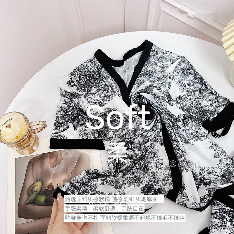 【SW2802】【礼盒装】国潮风水墨画四件套宽松冰丝居家服睡衣套装 ••肩带上衣➕短裤➕长袖上衣➕长裤•• ❤❤️
