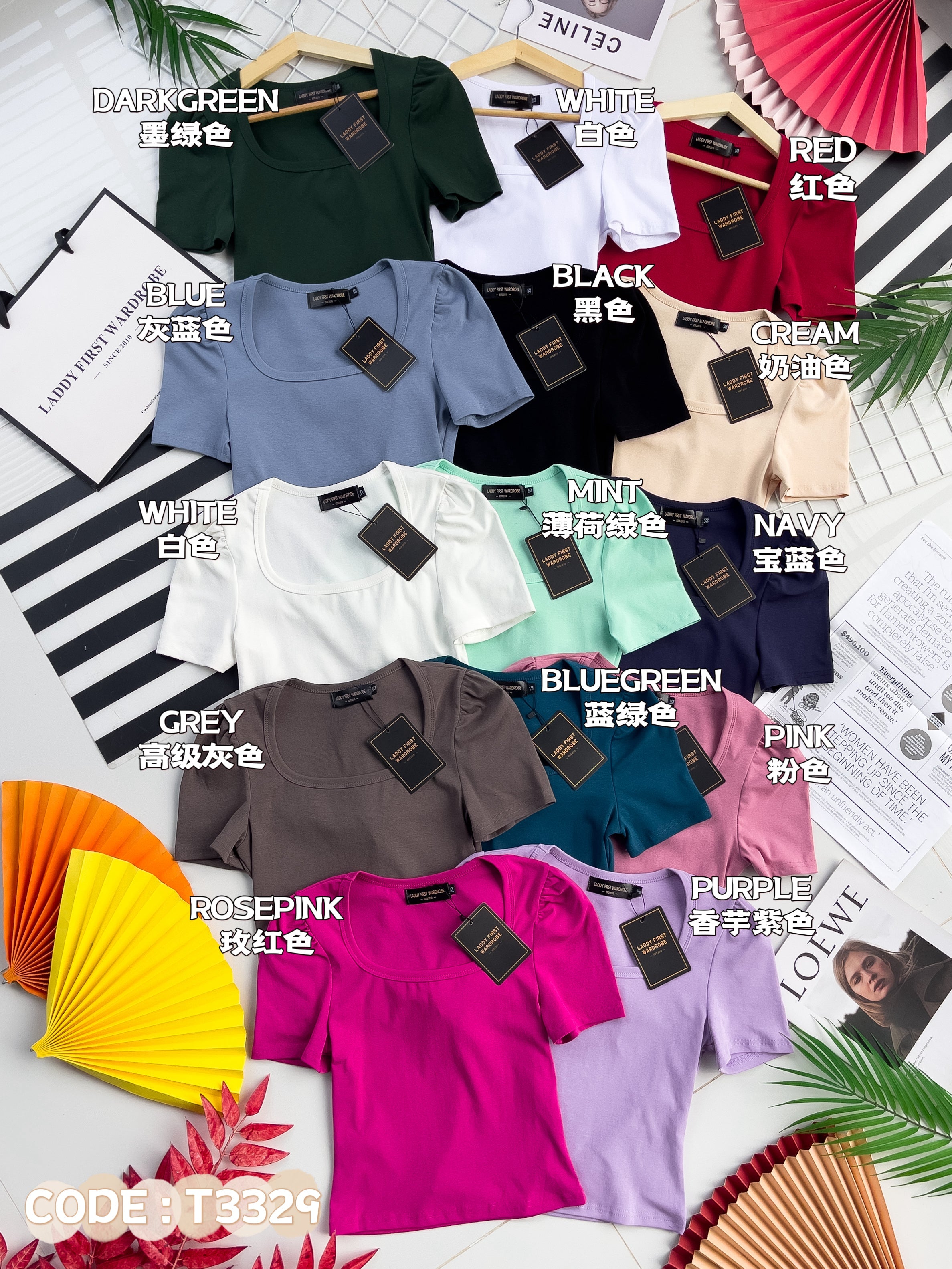 【T3329】独家爆款方领短袖纯棉弹力简约休闲百搭上衣 ❤️❤️ 【A-R3-C2】