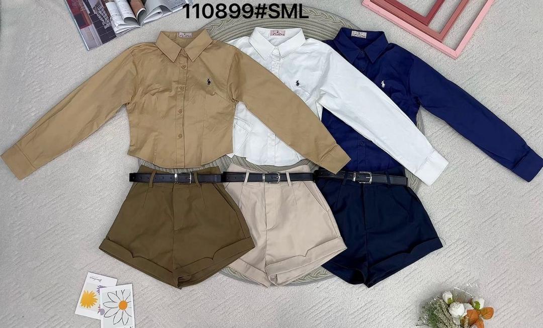 【SS110899】高品质两件式气质感POLO套装 翻领长袖上衣➕西装高腰百搭短裤，配送腰带有口袋 ❤️❤️