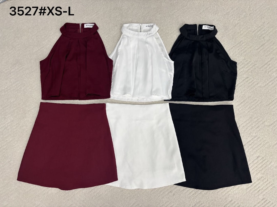 【SS3527】【LFW独家小圆饼】高品质两件式法式西装时尚百搭套装 CUT IN露肩压褶雪纺上衣➕A字西装高腰百搭裙子，内层有里布短裤 ❤️❤️