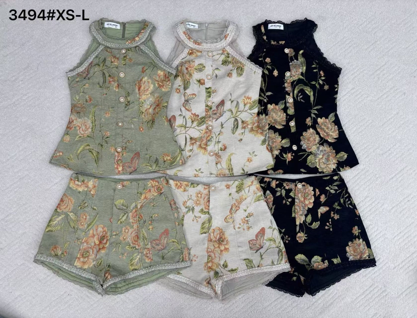 【SS3494】【LFW独家小圆饼】高品质两件式雪尼尔棉质CUT IN提花套装 无袖CUT IN收腰设计上衣➕高腰短裤，有口袋 ❤️❤️