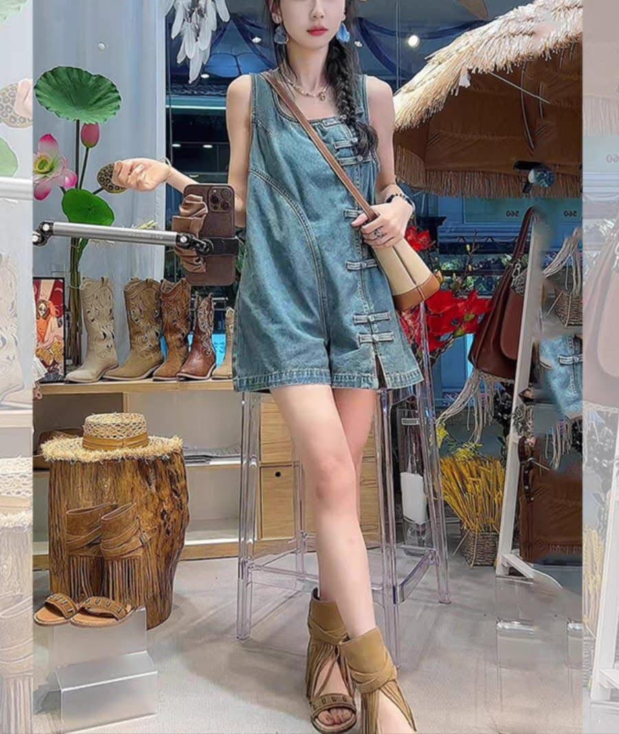 【D7701】高品质宽松港风减龄休闲复古风牛仔旗袍连身裙子 ❤❤【C-R1-C2】