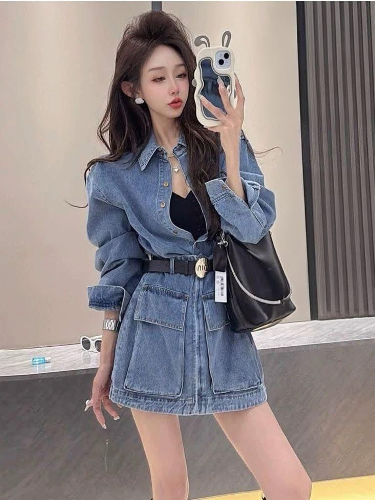 【D7702】高品质美式复古风翻领长袖牛仔连身裙子，附送腰带，有口袋 ❤❤【B-R1-C6】