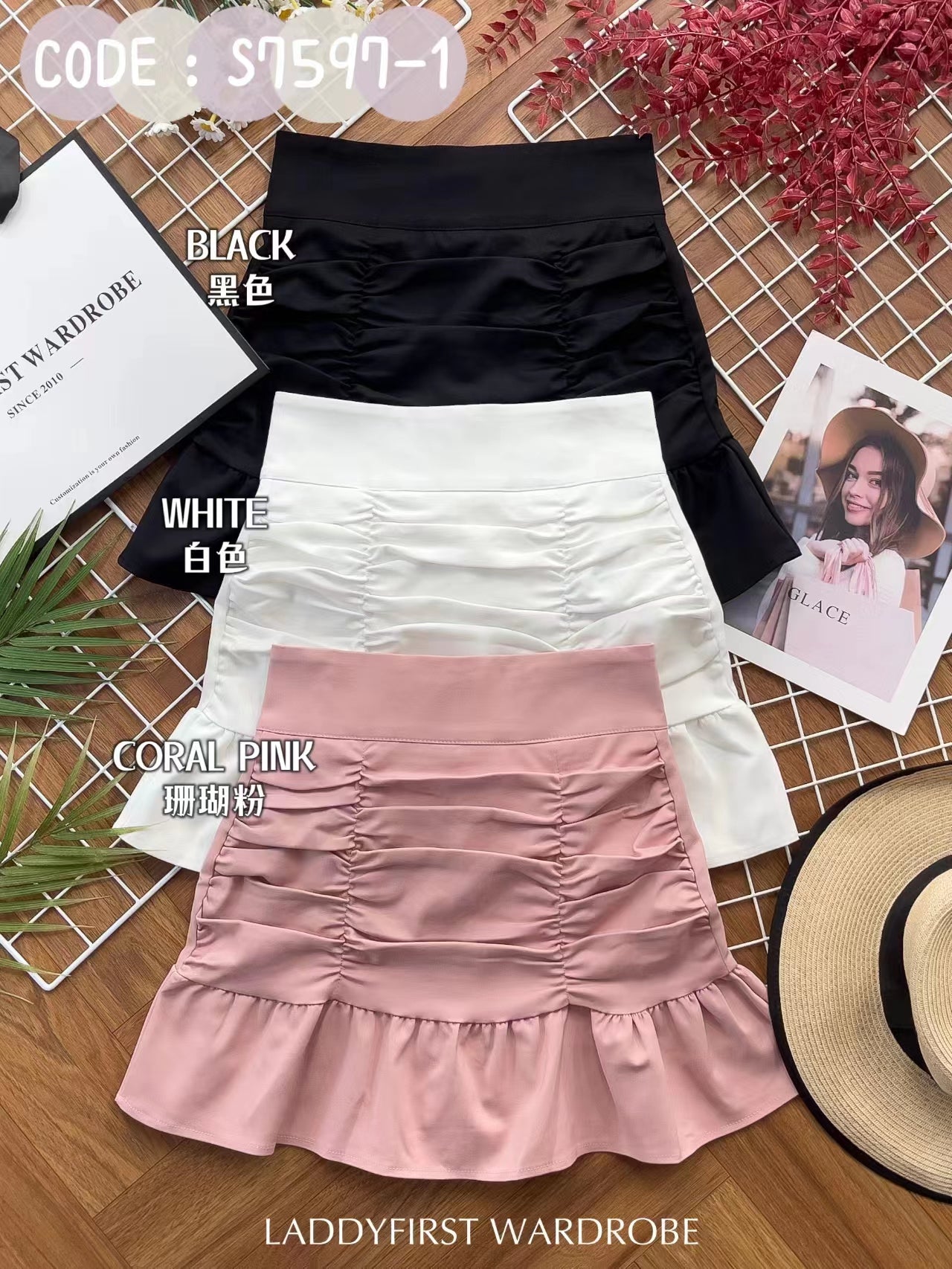 【S7597】独家爆款皱褶西装高腰显瘦百搭裤裙，前裙后裙内有里布裤子 【C-R1-C5】