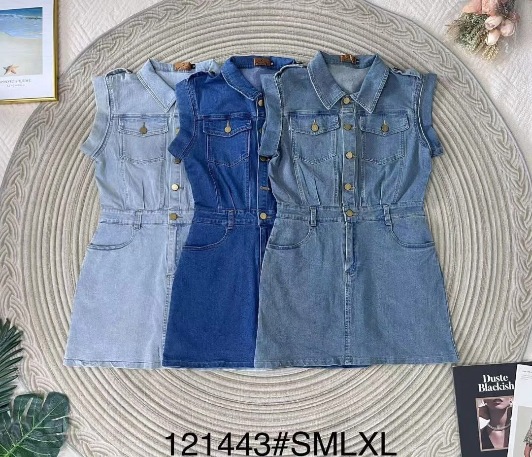 【D121443】高品质韩风简约翻领短袖COTTON JEANS牛仔连身裙子，内层有安全裤，有口袋 ❤️❤️