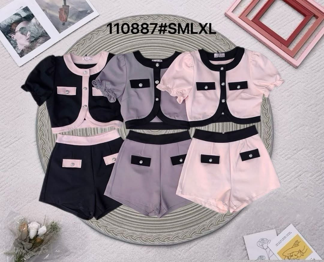 【SS110887】高品质两件式厚实罗马小香风时尚百搭套装 泡泡短袖罗马小香上衣➕罗马还要百搭短裤，有口袋 ❤️❤️