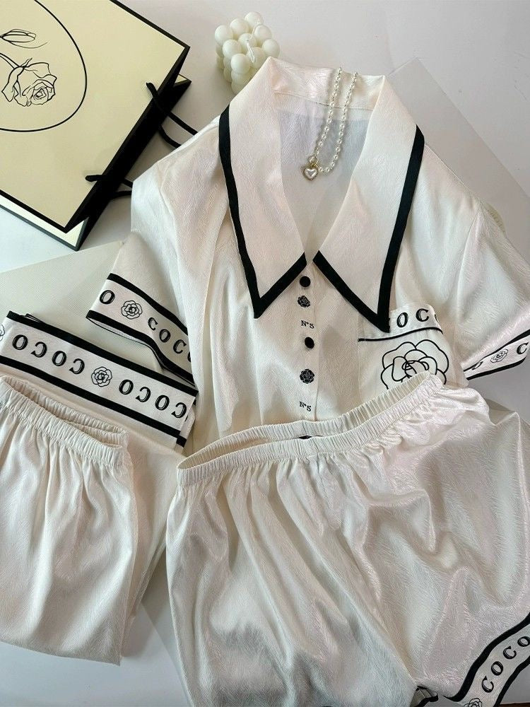 【DG6052】🇨🇳 代购 1.0 🇨🇳 高级感山茶花冰丝短袖三件套居家服睡衣套装 ❤️
