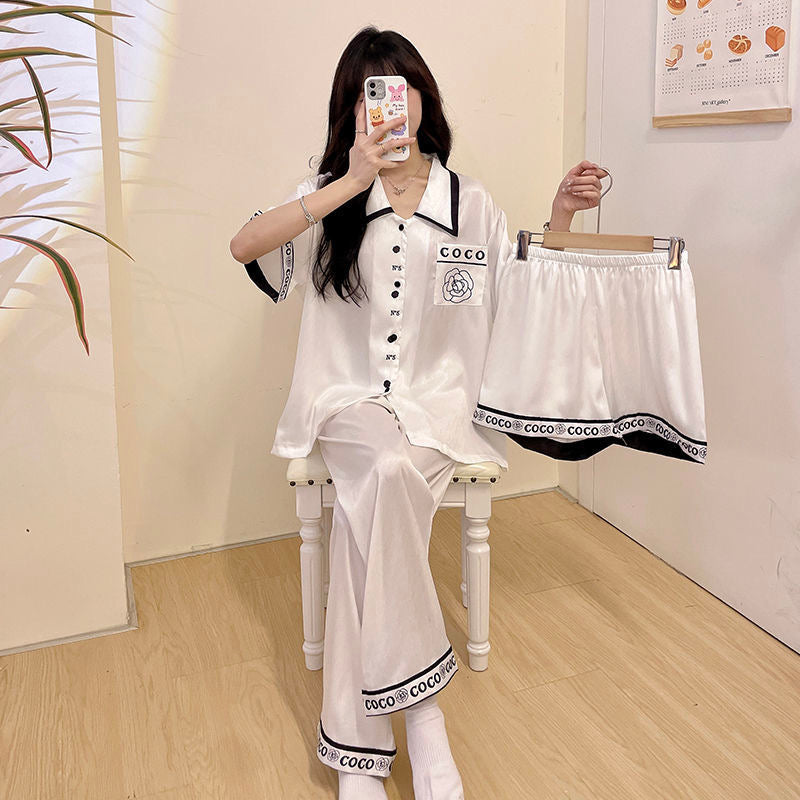 【DG6052】🇨🇳 代购 1.0 🇨🇳 高级感山茶花冰丝短袖三件套居家服睡衣套装 ❤️