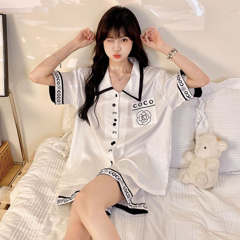 【DG6052】🇨🇳 代购 1.0 🇨🇳 高级感山茶花冰丝短袖三件套居家服睡衣套装 ❤️
