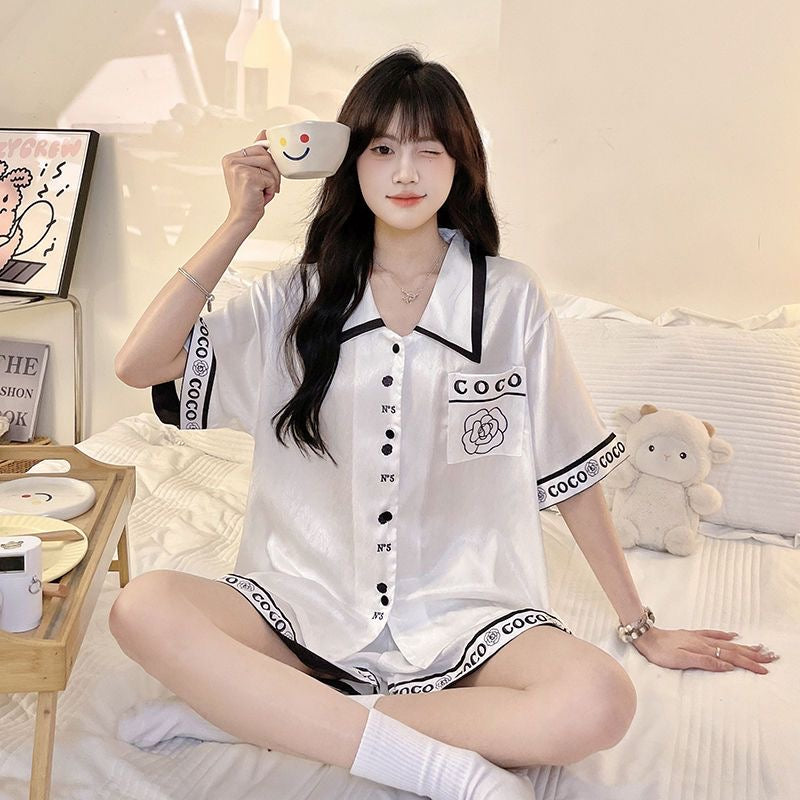 【DG6052】🇨🇳 代购 1.0 🇨🇳 高级感山茶花冰丝短袖三件套居家服睡衣套装 ❤️