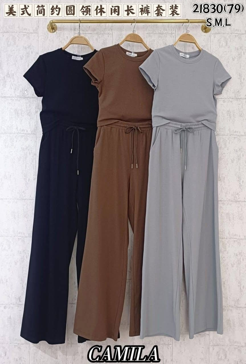 【SS21830 / 3453】高品质两件式纯棉弹力简约休闲百搭套装 纯棉弹力百搭上衣➕松紧腰弹力休闲百搭长裤，有口袋 ❤️❤️