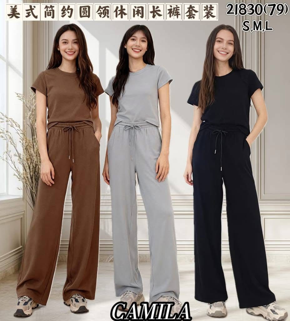 【SS21830 / 3453】高品质两件式纯棉弹力简约休闲百搭套装 纯棉弹力百搭上衣➕松紧腰弹力休闲百搭长裤，有口袋 ❤️❤️