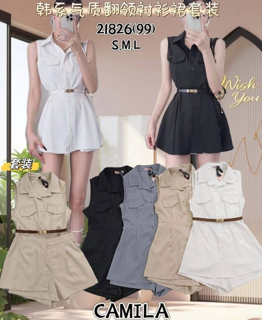 【SS21826 / 19849】高品质两件式韩系气质极简时尚套装 翻领衬衫裙上衣 ➕高腰百搭短裤，有口袋 ❤️❤️