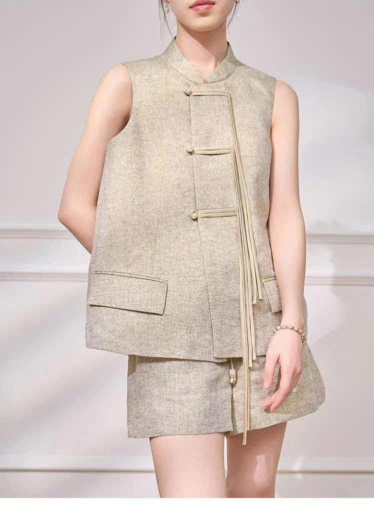 【SS23530】高品质两件式新中式国风马甲式旗袍套装 马甲式宽松版旗袍上衣➕西装高腰百搭短裤，有口袋 ❤️❤️