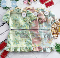 【SS3386-2】【LFW独家小圆饼】高品质两件式提花旗袍套装 泡泡袖提花拼接网纱旗袍上衣➕荷叶摆提花高腰裙子，内层有里布短裤 ❤️❤️
