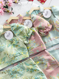 【SS3386-2】【LFW独家小圆饼】高品质两件式提花旗袍套装 泡泡袖提花拼接网纱旗袍上衣➕荷叶摆提花高腰裙子，内层有里布短裤 ❤️❤️
