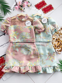 【SS3386-2】【LFW独家小圆饼】高品质两件式提花旗袍套装 泡泡袖提花拼接网纱旗袍上衣➕荷叶摆提花高腰裙子，内层有里布短裤 ❤️❤️