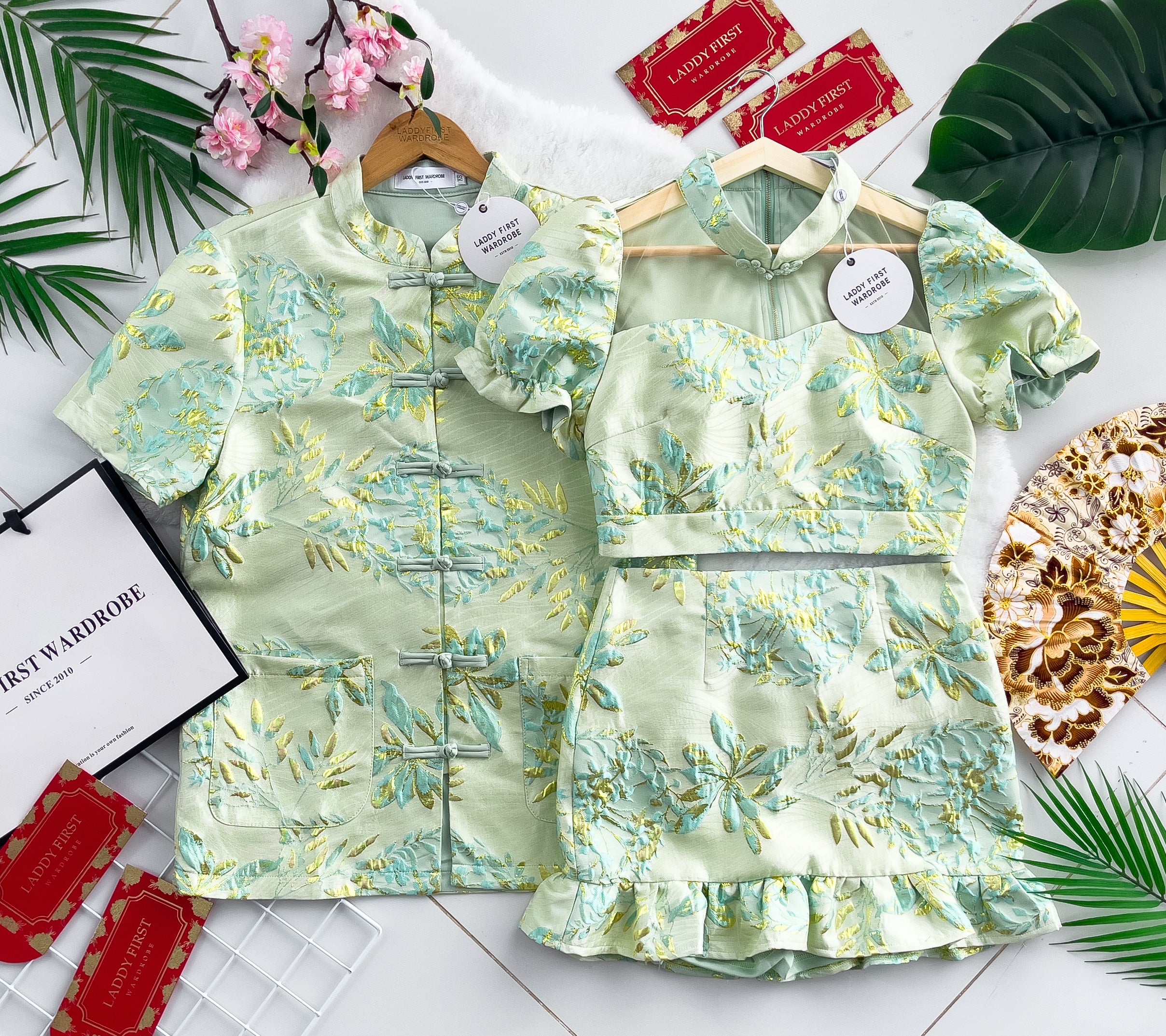 【SS3386-2】【LFW独家小圆饼】高品质两件式提花旗袍套装 泡泡袖提花拼接网纱旗袍上衣➕荷叶摆提花高腰裙子，内层有里布短裤 ❤️❤️