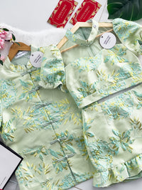 【SS3386-2】【LFW独家小圆饼】高品质两件式提花旗袍套装 泡泡袖提花拼接网纱旗袍上衣➕荷叶摆提花高腰裙子，内层有里布短裤 ❤️❤️